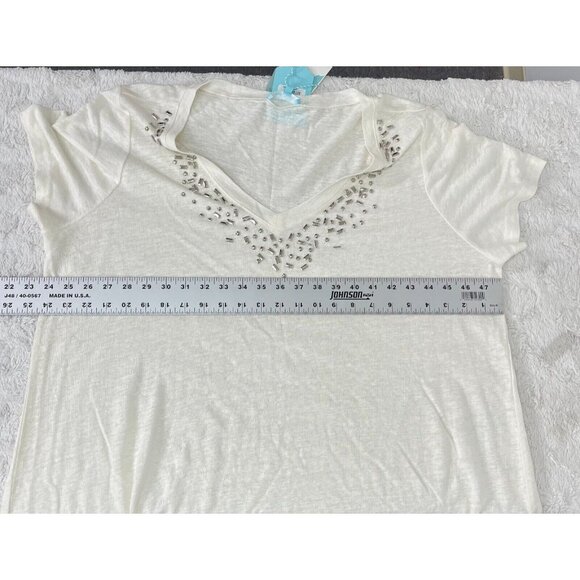 Blue illusion Womens V-Neck Embellished Linen T-Shirt Size 3L White Short Sleeve - Picture 9 of 9